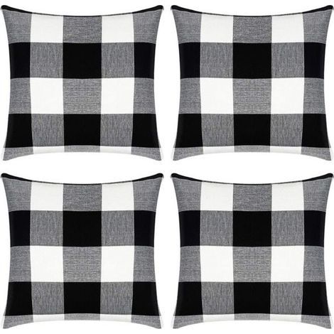 Set mit 2 karierten Kissenbezügen für quadratische Outdoor-Kissen im Landhausstil, aus schwarzer und weißer Baumwolle und Leinen - 4 (1/4)