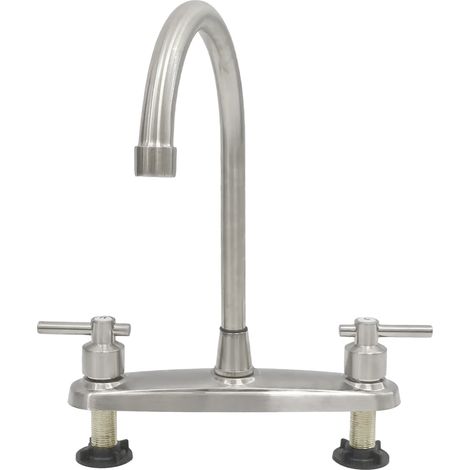 Robinet de cuisine moderne à double levier (nickel brossé) avec mitigeur eau chaude/eau froide, bec pivotant et filtre pour robinet à deux sièges et coude. (1/5)