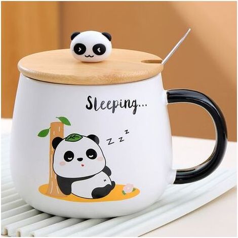 Pair - Tasse Panda avec couvercle souple, cadeau Panda, tasse à thé en céramique de 400ml avec cuillère et soucoupe, cadeau d'anniversaire mignon (1/5)