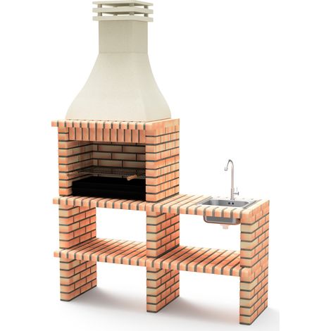 MOVELAR - Modulo para Barbacoa de Obra Modelo KHIVA PLUS con SOPORTE LATERAL COMPLETO con Fregadero y Grifo y con BRASERO (Naranja/Beige - 164 x 58 x 246 cm) REF: M01025 - Uso en Exteriores (1/3)