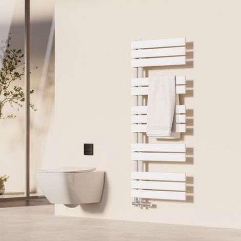 Heilmetz – Sèche-serviette eau chaude 120x50 cm – Acier inoxydable anti-corrosion – 570 W – Raccordement latéral – Design asymétrique