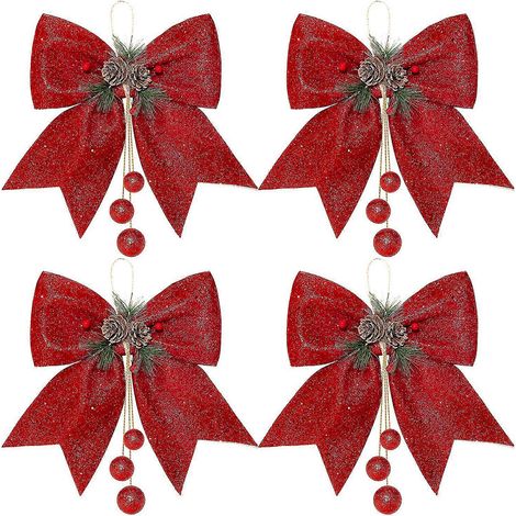 4er-Set Weihnachtsschleifen, Kranzschleifen, große Glitzerschleifen, große Weihnachtsschleifen, Kranzdekoration für Weihnachtsbaum, Partygeschenk, 9,8 x 11,8 cm