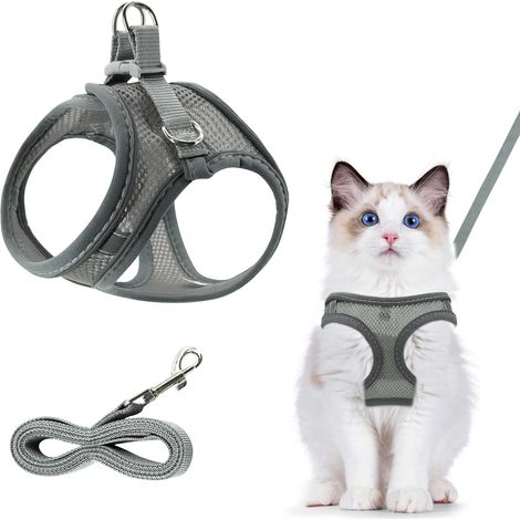 Arnés transpirable para gatos - Gris reflectante - Ajustable - Resistente a roturas - Con correa para exteriores - Talla XS (1/5)