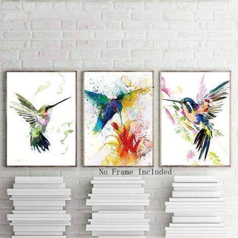 Set mit 3 abstrakten Aquarell-Vogelpostern – Kunstdrucke mit Kolibri und Blumen – Farbenfrohe Tierposter – Moderne Leinwandbilder mit Kolibri-Motiv für Schlafzimmer, Wohnzimmer und Badezimmer – Ungera (1/4)