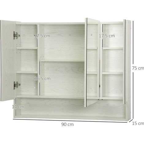 Armoire de salle de bain avec miroir et 3 portes à fermeture douce, 90 x 15 x 75 cm, meuble de salle de bain mural gain de place avec miroir, étagères réglables et compartiments ouverts (verre, aspect (1/5)