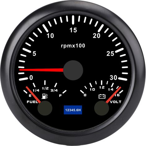 Tachimetro 3 in 1 da 85 mm, contagiri da 3000 giri/min, voltmetro 8-16 V, retroilluminazione a 7 colori, attacchi E-1/4-1/2-3/4-F, indicatore livello carburante per camper, yacht, camion, quadrante ne (1/4)