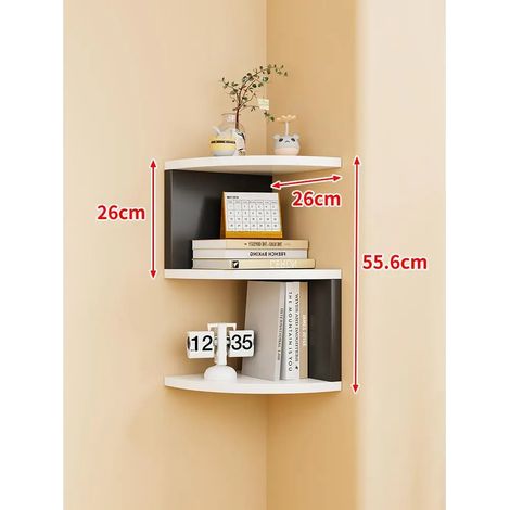 Étagère de rangement murale d'angle à 3 niveaux, rayon 26 cm, noire et blanche [colle, clous sans trace et vis d'expansion inclus] (style minimaliste moderne). Dimensions : [dimensions manquantes]. (1/5)