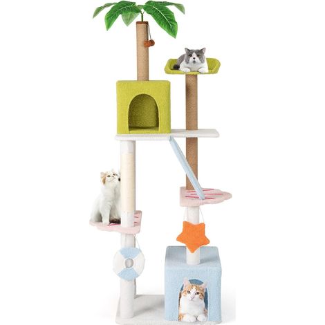 COSTWAY Tiragraffi per Gatto Alto 180 cm Stile Tropicale, Albero Tiragraffi Gatti con Pali con Corda in Juta, Piattaforme, 2 Grotte e Pompon, Torre Gatto Rivestito in Peluche, Blu e Verde
