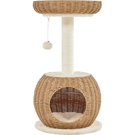 Yaheetech – Arbre à chat rotin 75 cm – Cachette ronde et panier supérieur – Griffoir en sisal – Jouet pompon avec clochette – Beige