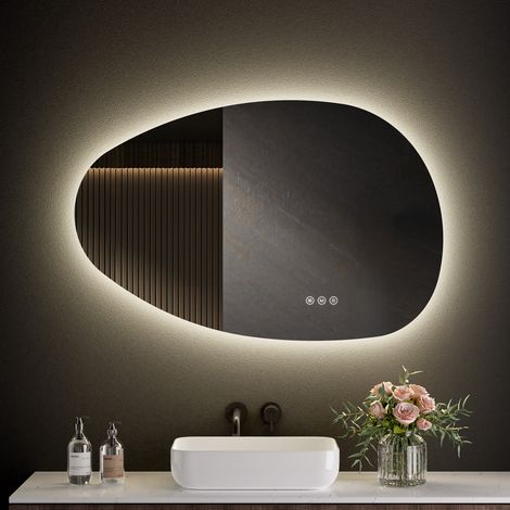 S'Afielina – Miroir lumineux de salle de bain asymétrique 85×50cm – Interrupteur tactile – 3 couleurs de lumière – Luminosité réglable – Anti-buée