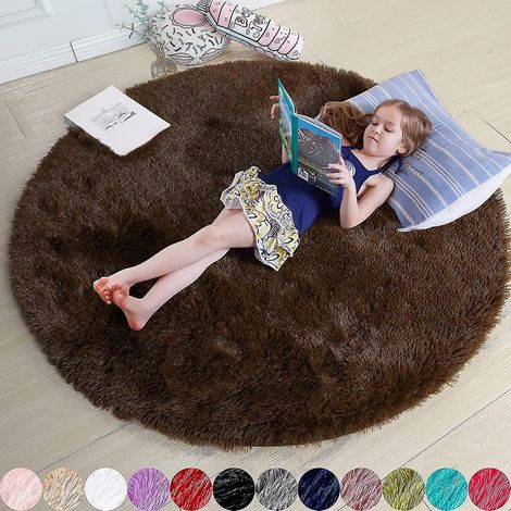 Tapis rond rose poudré, idéal pour la chambre à coucher, tapis rond moelleux de 120 x 120 cm, idéal pour les enfants, couleur marron. (1/5)