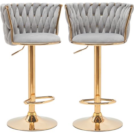 Set 2 Sgabelli da Cucina Schienale Intrecciato in Velluto Grigio e Struttura Oro