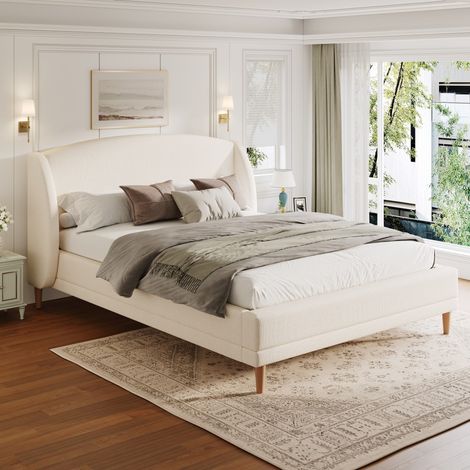 Lit double capitonné 140x190 cm, tête d'oreiller incurvée tissu bouclé, sommier lattes hévéa, blanc ivoire (sans Matelas) (1/5)