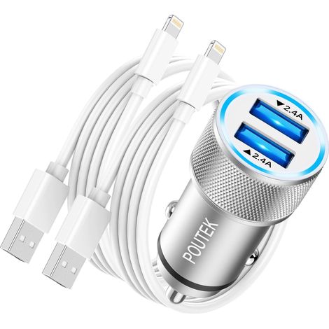 Chargeur Voiture avec 2x Câble Lightning,Chargeur Allume Cigare USB Rapide 2.4A Adaptateur Prise Allume Cigare USB Chargeur Voiture pour 14 13 12 11 Pro Max/XS/X/8/7 (1/5)