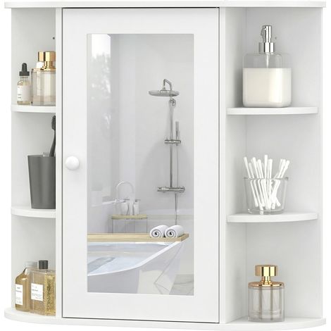 Miroir de salle de bain avec rangement, 6 étagères ouvertes et 2 fermées, 66x17x63 cm Meuble de salle de bain avec miroir, meuble mural en verre, blanc. (1/5)