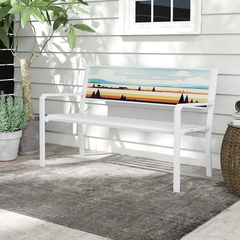 Banc de Jardin Extérieur Banc de Patio 2 Places en Métal avec Dossier Décoratif Assise à Lattes et Accoudoirs Chaise Longue 2 Places Blanc (1/3)