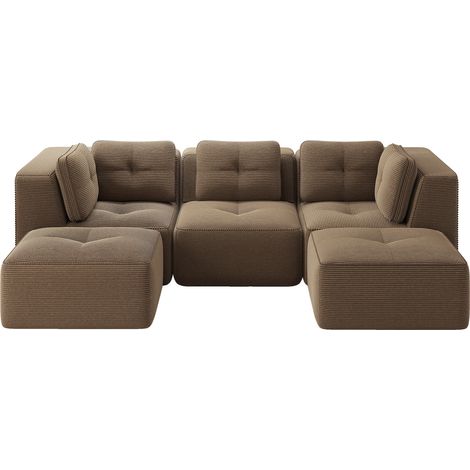 Canapé d'angle modulaire 3 places en tissu velours côtelé marron, sans structure rigide, avec ottomane (1/5)