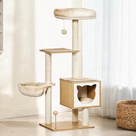 Arbre à chat beige en peluche Courte 48 x 43 x 126 cm (1/5)