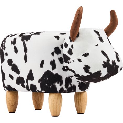 Poggiapiedi a forma di mucca in lino bianco e nero con gambe in legno 62 x 35 x 36 cm MODENUIT (1/5)