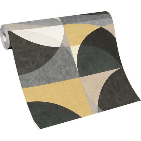 Papier peint moderne gris et jaune idéal salon | Tapisserie graphique tendance gris & jaune | Papier peint intissé géométrique (1/4)