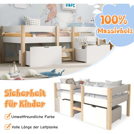 Lit enfant 90x200 cm blanc et chêne, pin massif avec tiroir et barrière de sécurité