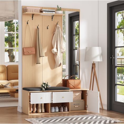 MODFU – Guardaroba ingresso 120x40x200 cm in MDF con specchio, panca imbottita, scarpiera, 4 ganci e carico 80 kg – Bianco/rovere (1/5)