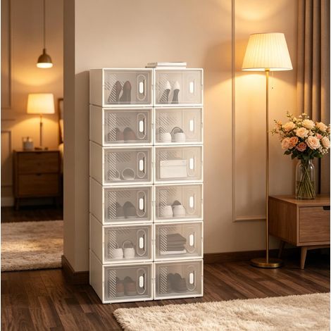 Lot de 12 boîtes à chaussures 35.5x25x18.5 cm transparent et blanc en plastique empilables (1/5)