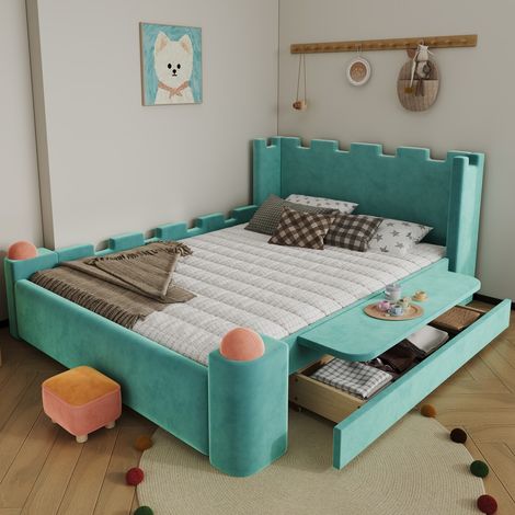 Lit double enfant 140x200 cm velours bleu canard motif château, capitonné tablette rabattable, tiroir rangement coussins anti-choc (sans Matelas) (1/5)