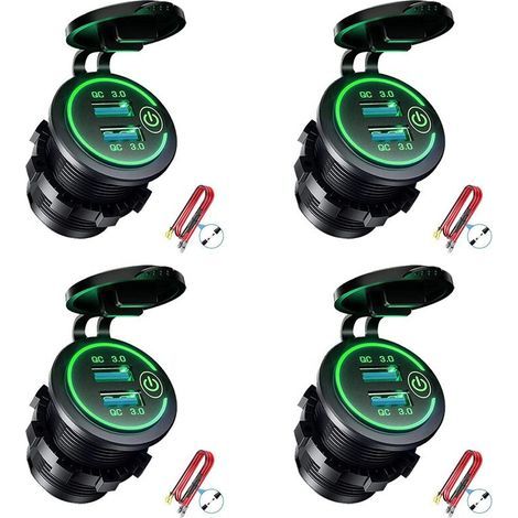 4X QC 3.0 Double Prise de Chargeur USB, Prise USB étanche 12 V/24 V avec Interrupteur Tactile pour Voiture, Marine, Bateau, Camping-Car, Moto, Vert (1/5)
