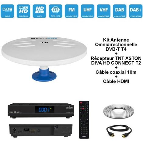 Kit Antenne Omnidirectionnelle DVB-T T4 + Récepteur TNT ASTON DIVA HD CONNECT T2 + Câble coaxial 10m + Câble HDMI (1/5)