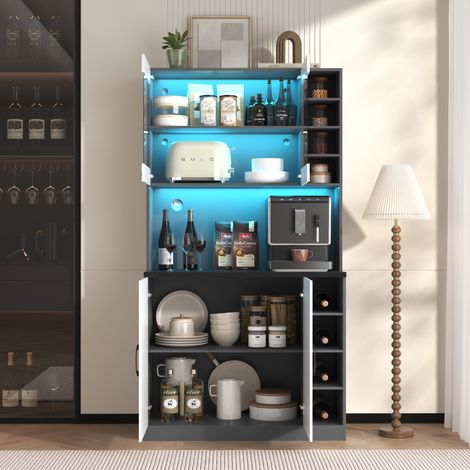 Armoire de cuisine 100x47x187 cm avec éclairage LED, meuble buffet haut avec portes vitrées, rangement micro-ondes, étagères réglables et gestion des câbles (1/5)