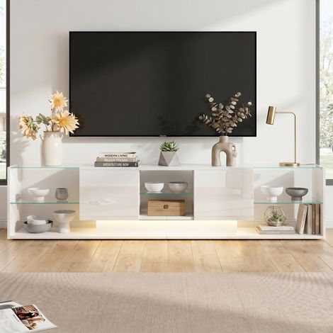 Meuble TV 200 cm avec Étagères en Verre Trempé et 2 Tiroirs, Meuble Suspendu LED à Contrôle App, Style Nordique Brillant, Blanc (1/5)