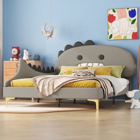Lit enfant 140 x 200 cm pu gris forme dinosaure structure plate (1/5)
