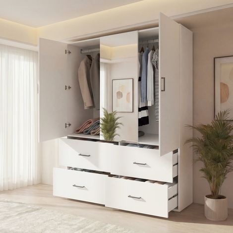 Kleiderschrank 130x50x180 cm, Schlafzimmerschrank mit 2 Türen, Spiegel, 4 Schubladen, Kleiderstange und schwarzen Metallgriffen, modern, Weiß