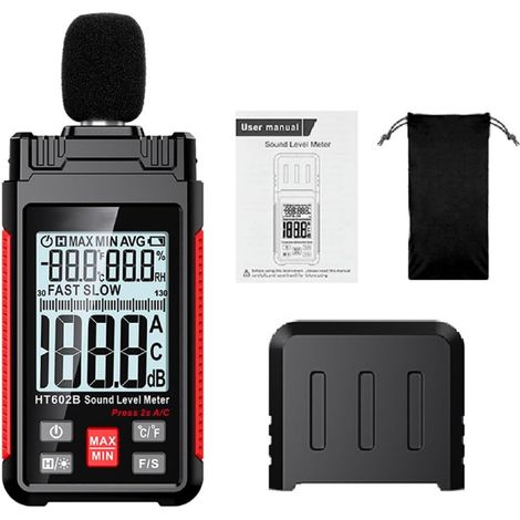 Digitales Schallpegelmessgerät 30–130 dB(A) mit hintergrundbeleuchtetem LCD-Display, Temperatur- und Feuchtigkeitsmessgerät, schnellen und langsamen Messmodi für Theatergeräusche, schwarzes Kunststoff (1/5)