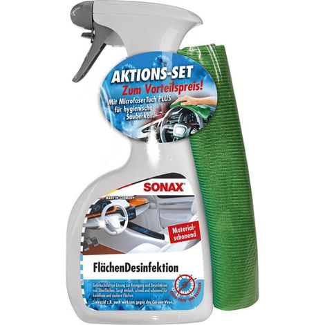 SONAX Flächendesinfektion 500ml Handzerstäuber + 1 Mikrofasertuch
