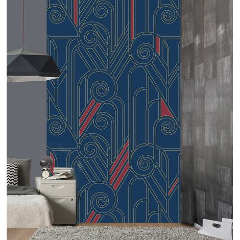 Papier peint intissé 250x150cm, art déco, graphisme doré et rouge sur fond bleu. (1/2)