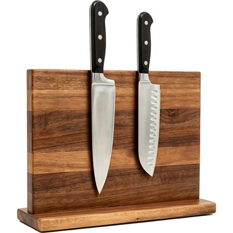 Bloc à couteaux magnétique, grand porte-couteau magnétique, adapté aux plans de travail de cuisine Aimants puissants double face, aucun perçage requis, bloc à couteaux en bois d'acacia, 28 x 23 cm, s (1/5)