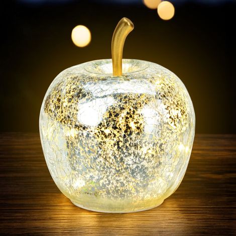LED Glas Apfel 11 cm mit Timer - silber - Deko Frucht in Bruchglas Optik