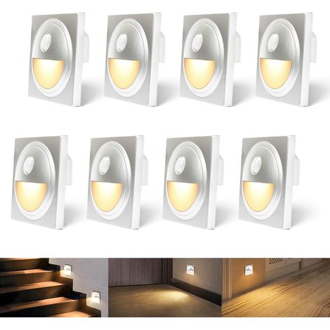 Spot LED pour escalier, 8 spots encastrés avec détecteur de mouvement, blanc chaud 3000K, 1,5W 230V Spot encastré pour escalier de 60 mm de côté, 86 mm de côté et pour l'intérieur.
