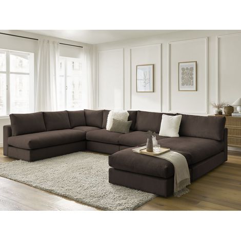 BOBOCHIC - Canapé d'angle modulable PARIS velours côtelé avec 3 chauffeuses, 1 méridienne, 1 angle, et 1 pouf Marron (1/5)