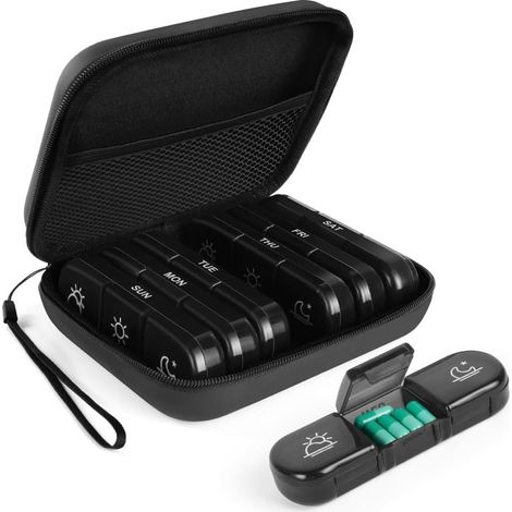 Pilulier Semaine Matin Midi Soir, Semainier Médicaments 7 Jours, Grande Capacité pour Poche ou Pantalon, Pilulier Voyage avec Boîte en PU pour Médicament, Suppléments et Vitamine (1/5)