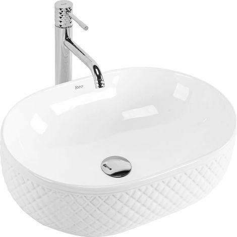 REA – Vasque à poser ovale en céramique sanitaire blanc brillant – Longueur 490mm – Largeur 355mm – Hauteur 150mm – Installation sur meuble (1/4)