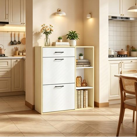 Mueble zapatero 3 en 1, armario zapatero estrecho, 80 x 90 x 30 cm, blanco HAVRYA (1/5)