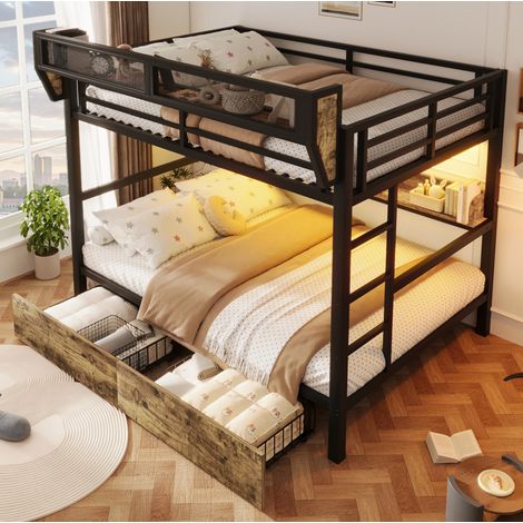 Lit superposé 140x200 cm avec LED, 2 tiroirs, étagère et panier de rangement, métal noir et MDF (1/5)