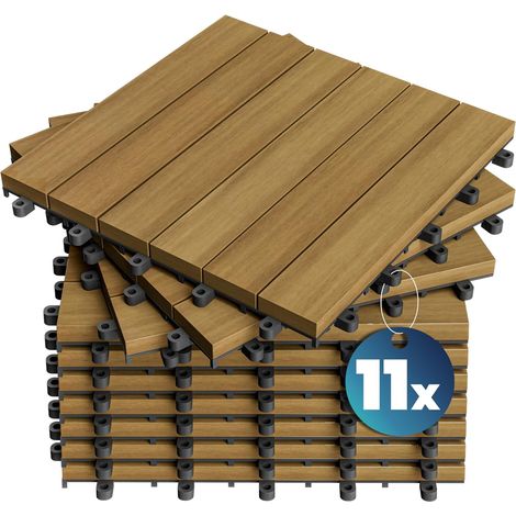 Lot de 11 dalles clip-on en bois d'eucalyptus – 30 x 30 cm – Certifié FSC – Antidérapant – Résistant aux UV et aux intempéries – Idéal pour terrasse, balcon et jardin (1/4)