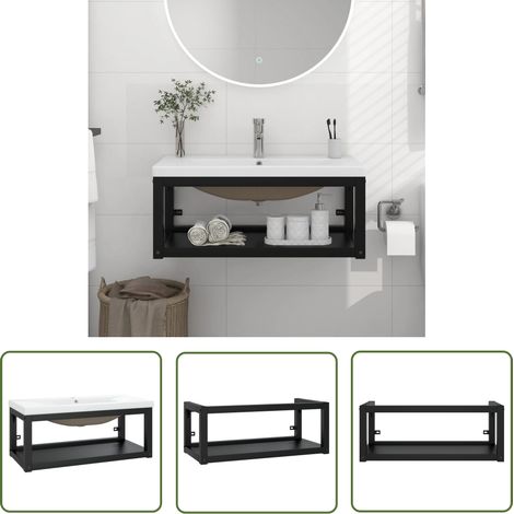 The Living Store Badezimmer-Waschtischgestell mit Waschbecken Schwarz Eisen - Badezimmer Waschen - Waschtischgestell - Wandmontage - Schwarzes Metall - Weißes Keramikbecken (1/5)
