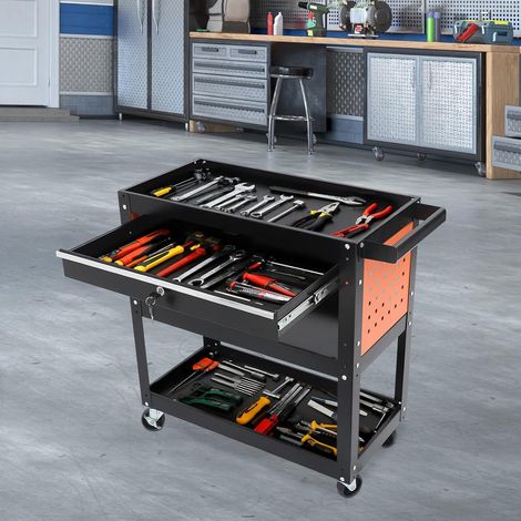 Chariot à outils à 3 étages avec tiroir, capacité de charge de 90 kg, acier laminé à froid, 4 roulettes (2 roulettes pivotantes avec frein), 70 x 35 x 76 cm, chariot robuste pour garage (1/5)