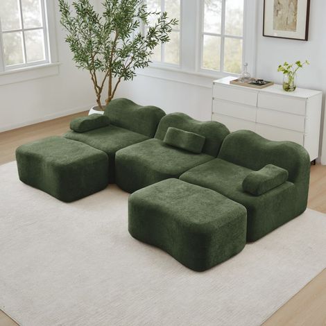 Canapé Modulaire en U 3 Places sans Cadre, 2 Poufs, Mousse 32D Haute Densité, Forme de Vague, Assise Profonde, Accoudoirs Mobiles, (1/5)