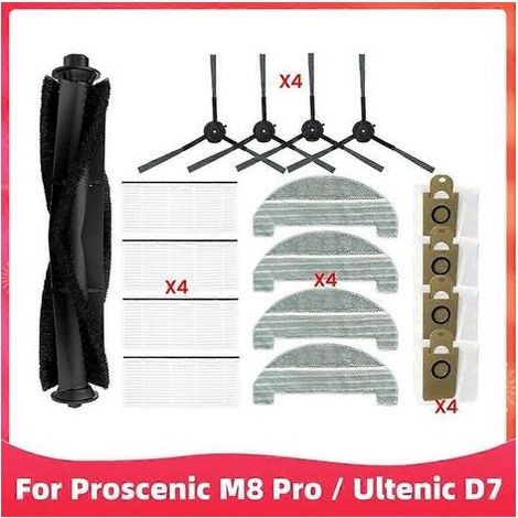 Pièce de rechange pour aspirateur robot Proscenic M8 Pro / Ultenic D7 : brosse latérale principale, filtre HEPA, chiffon de nettoyage et sacs à poussière. (1/5)